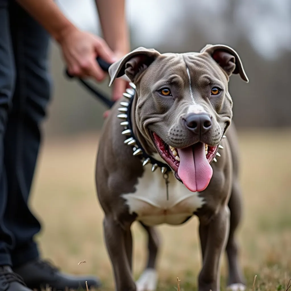 Pitbull wearing a spiked collar during training