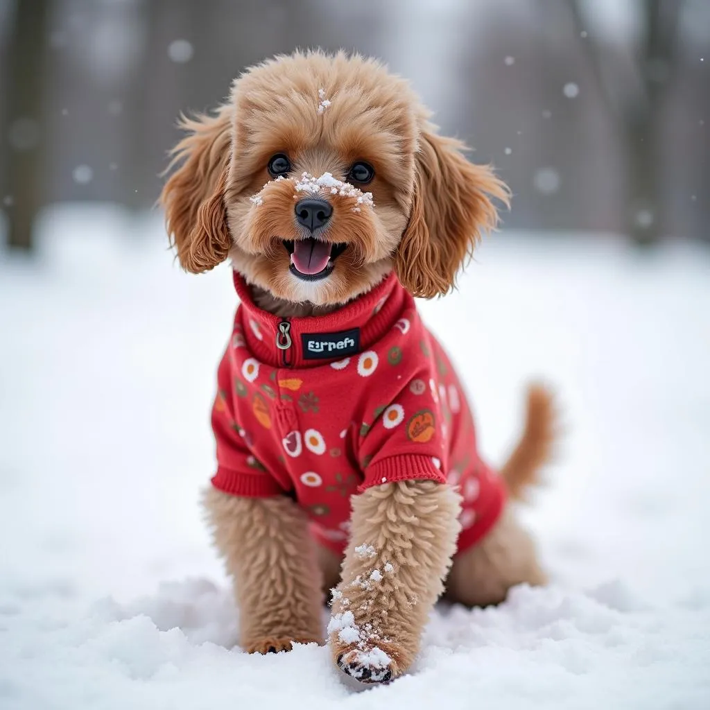 Dog wearing a stylish dog sweater, cozy and warm in winter