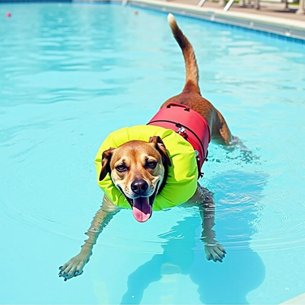 Dog swimming with swim collar on