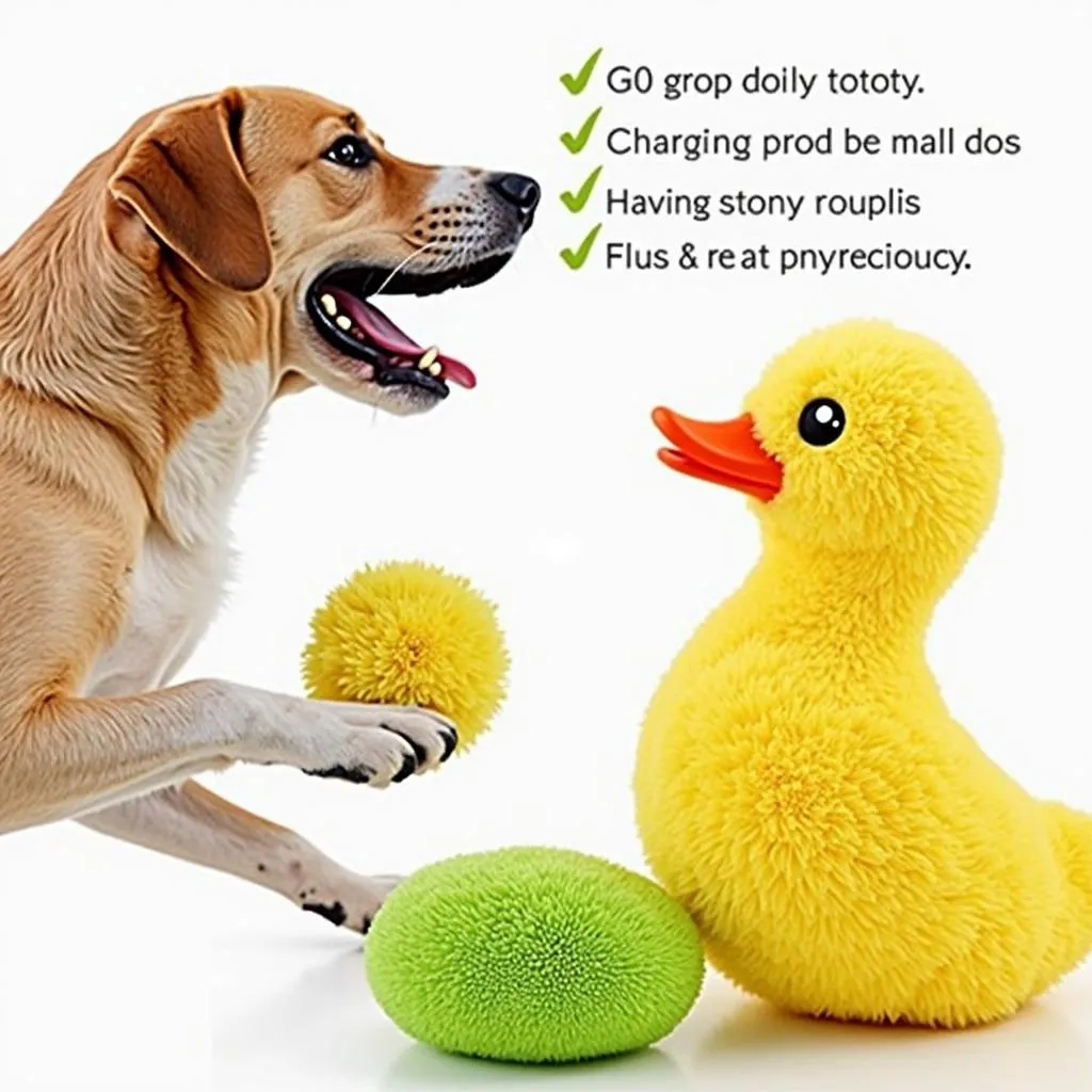 Happy dog playing with a mallard duck toy