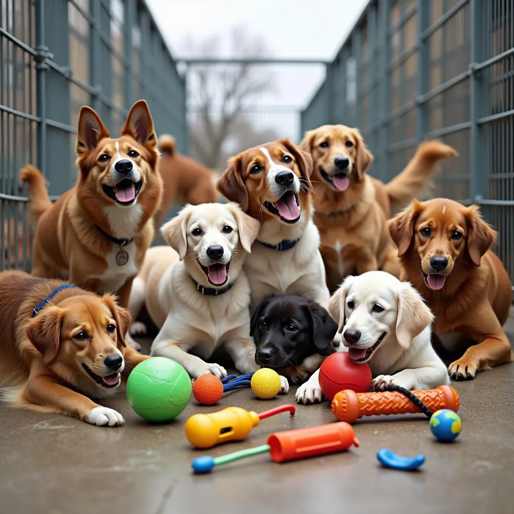 Dogs playing with various dog toys in a shelter