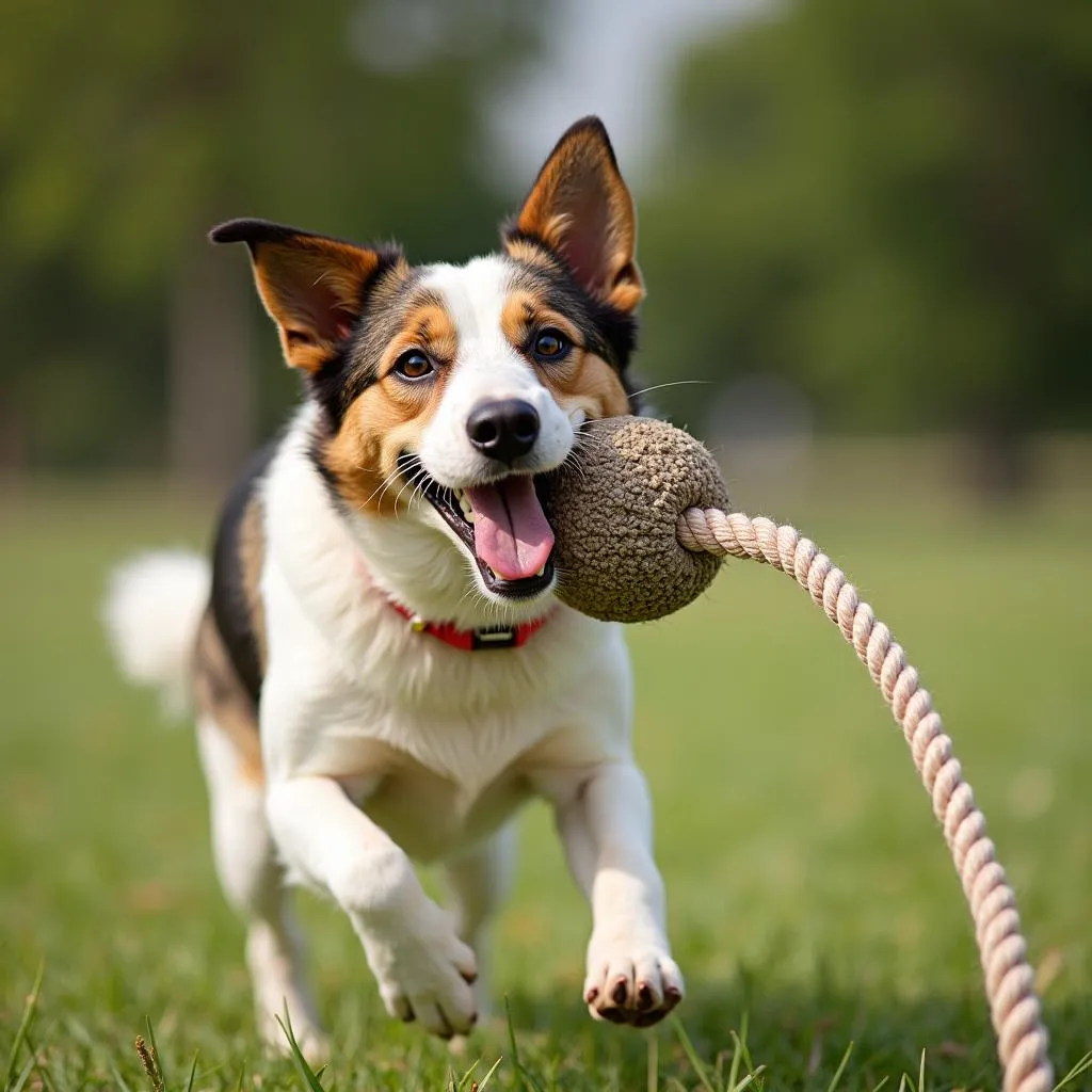 Dog training ball on rope for fetch and training