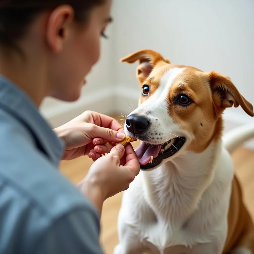 A dog owner using positive reinforcement methods during training.