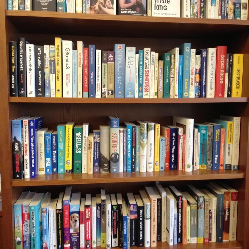 A bookshelf full of dog training books, including titles on puppy training, basic obedience, and advanced behavior modification.