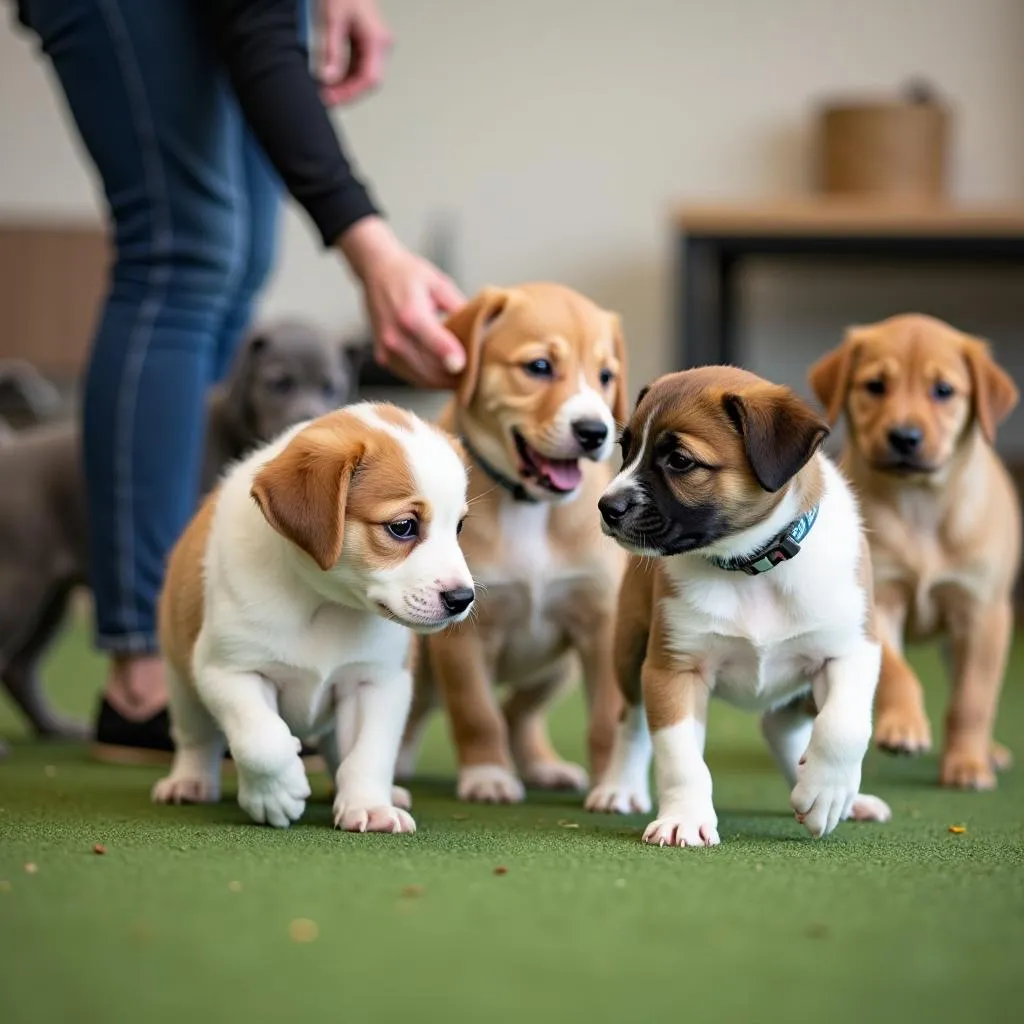 Dog training class with instructor and puppies