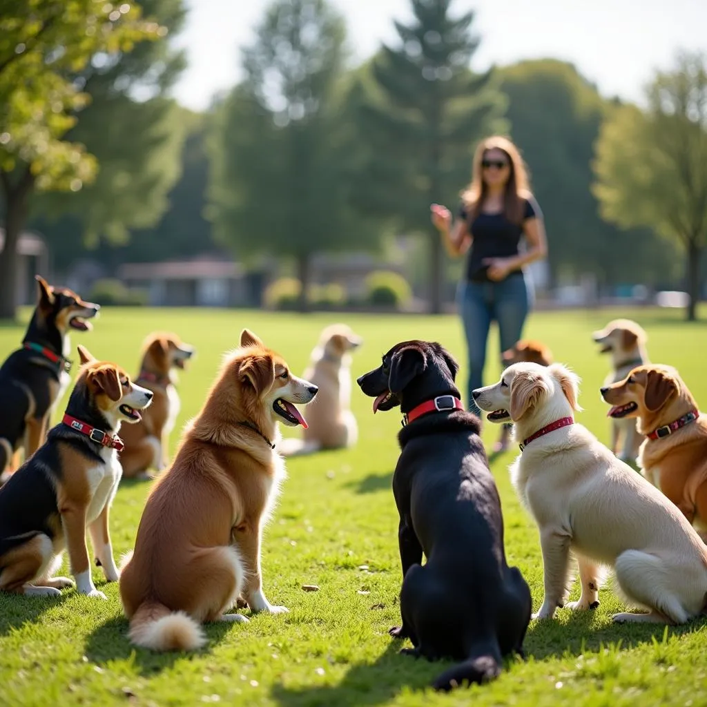 Dog Training Class in Dandridge TN: An Obedience Training Class in a Dog Park with a Group of Dogs Sitting