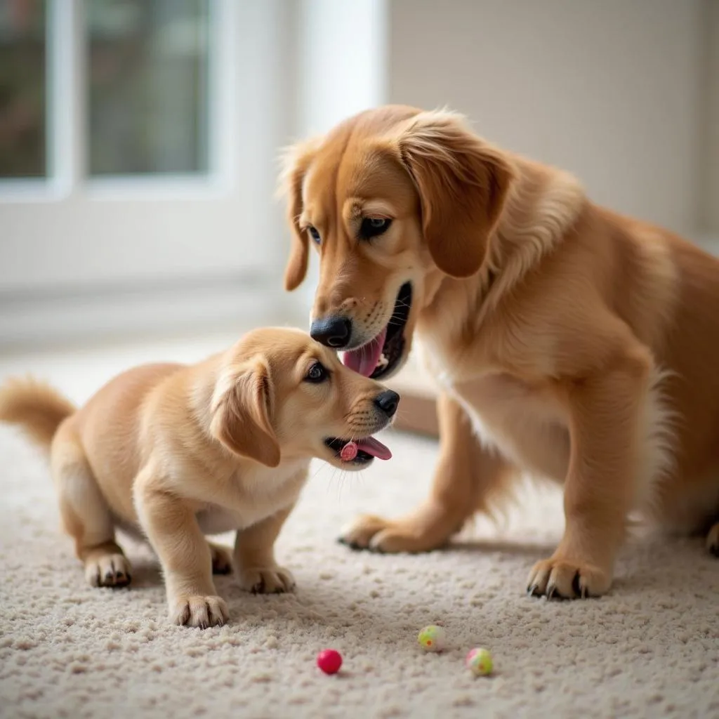 A dog owner is teaching their dog a &quot;leave it&quot; command to stop chewing on an item