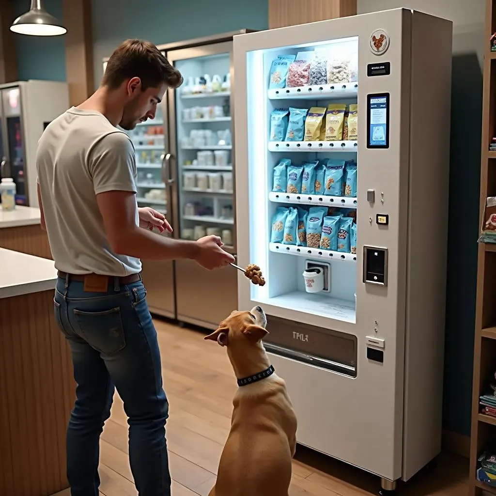 Dog treat vending machine with a dog