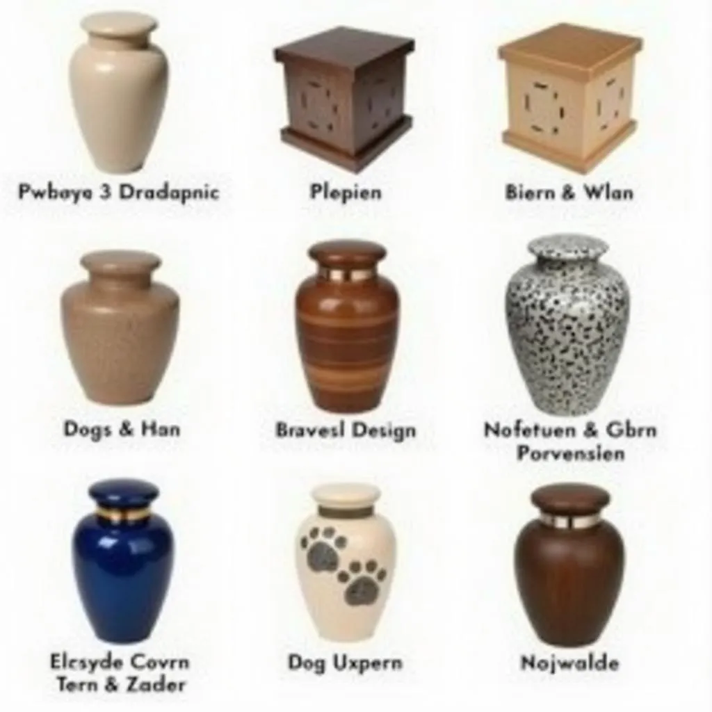 Various dog urn styles and sizes, showcasing a diverse range of options for pet owners