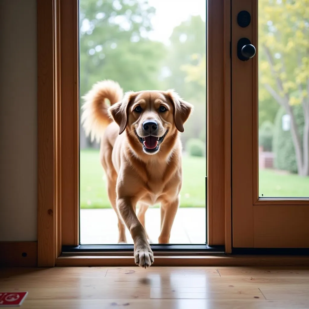 Dog using patio door with built in dog door