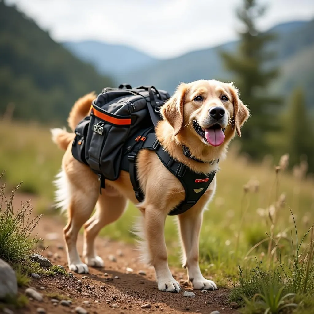 Dog wearing a utility harness while hiking on a scenic trail