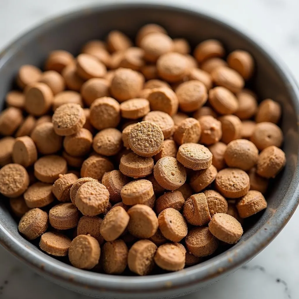 A bowl of homemade dog food with a dog vitamin tablet added