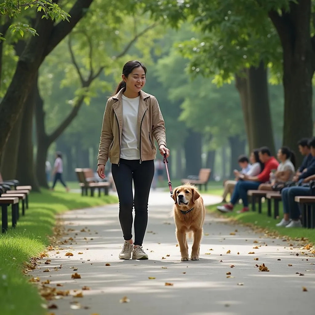 Dog walking in a park in Hanoi