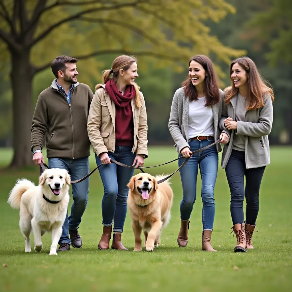 Happy Dog Owner Walking with Their Dog and Friends in a Park