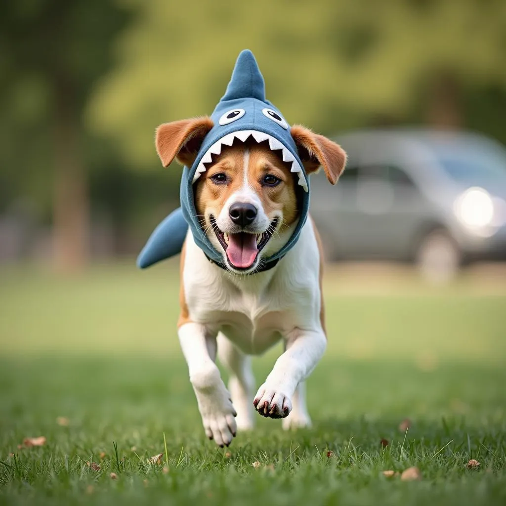 Dog wearing a shark hat