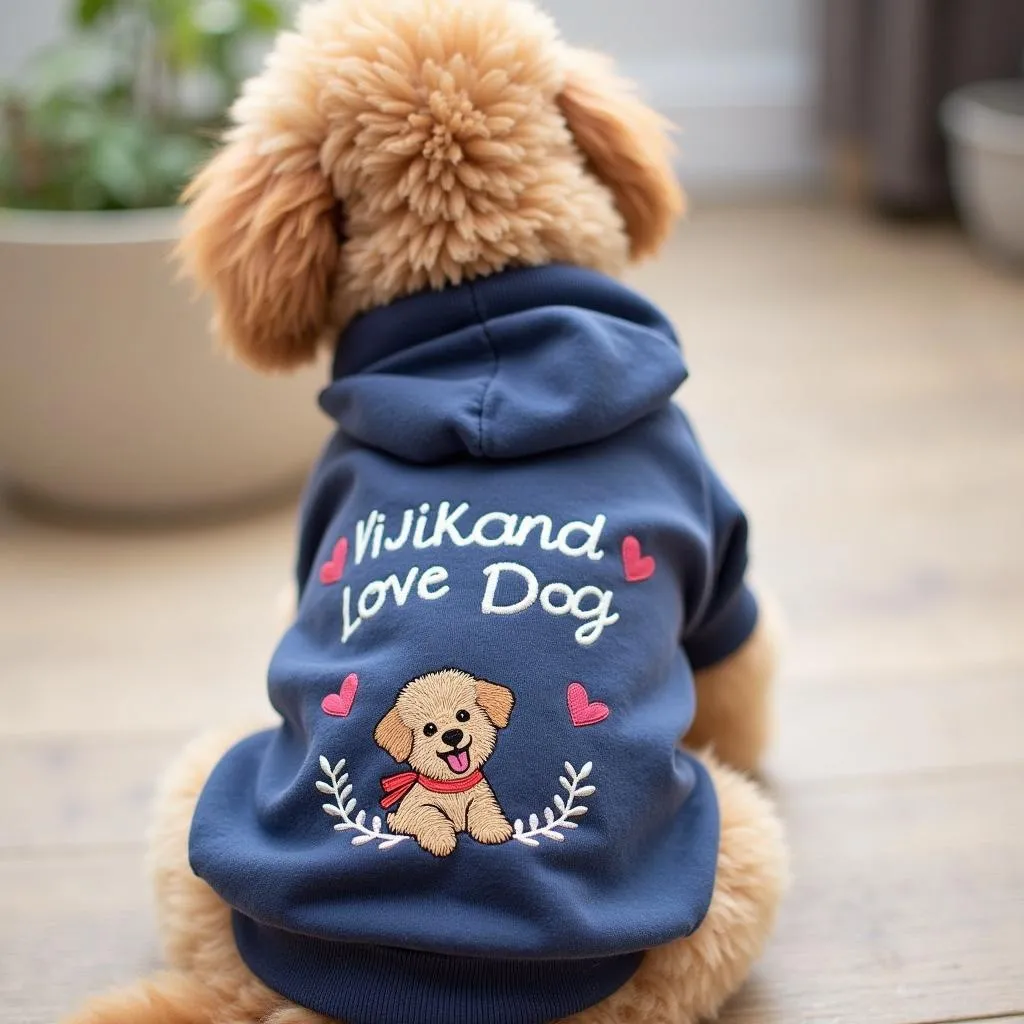 Dog wearing a custom embroidered sweatshirt