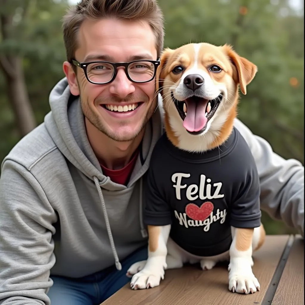 A dog owner and their dog wearing a feliz naughty dog shirt