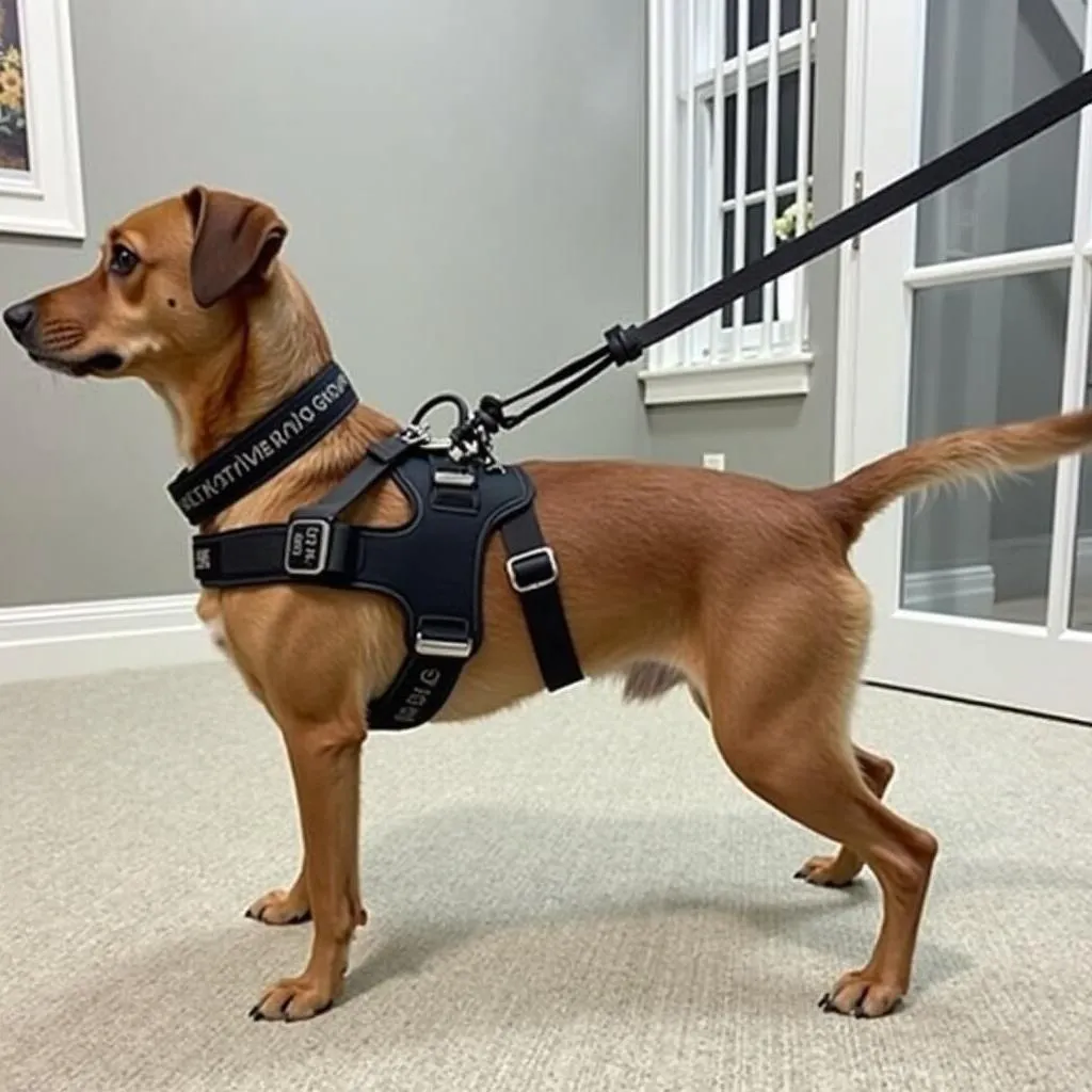 A dog wearing a harness and leash set