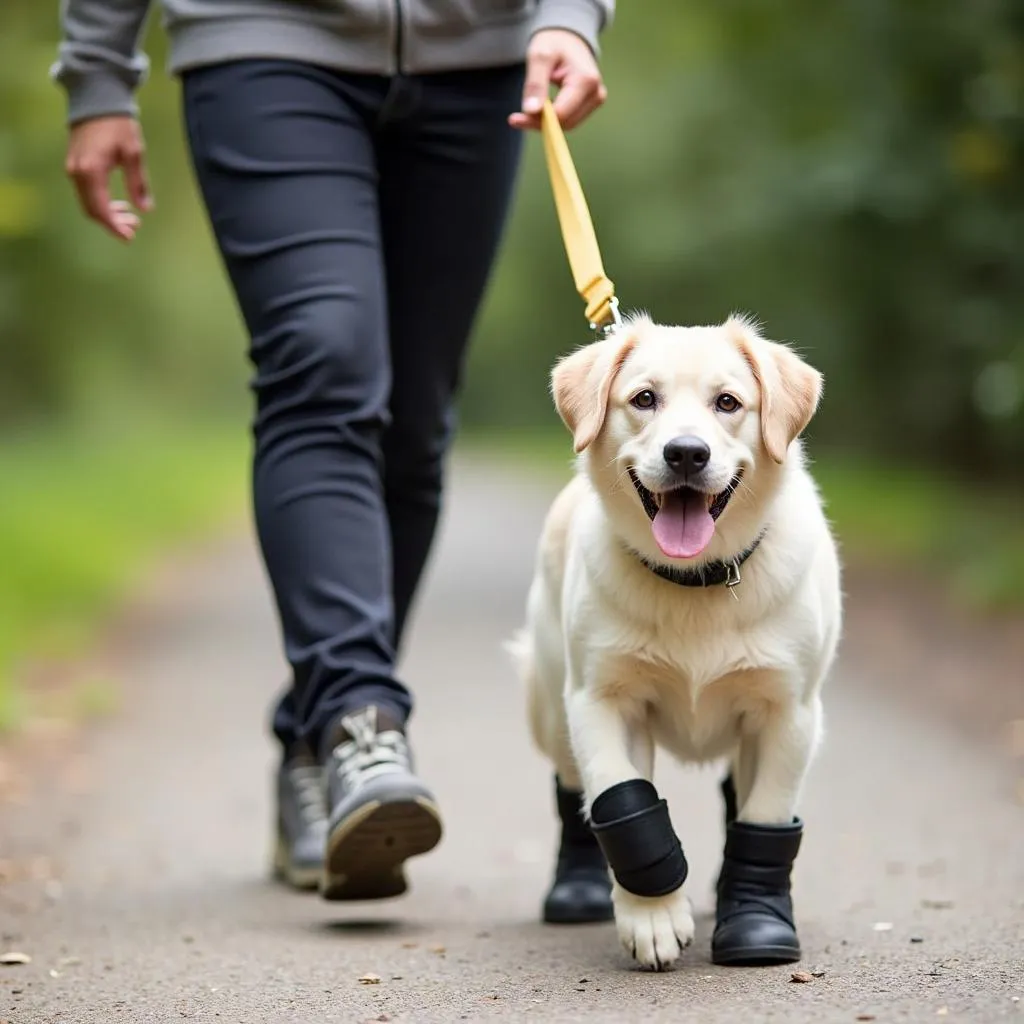 Dog wearing orthopedic boots during a walk