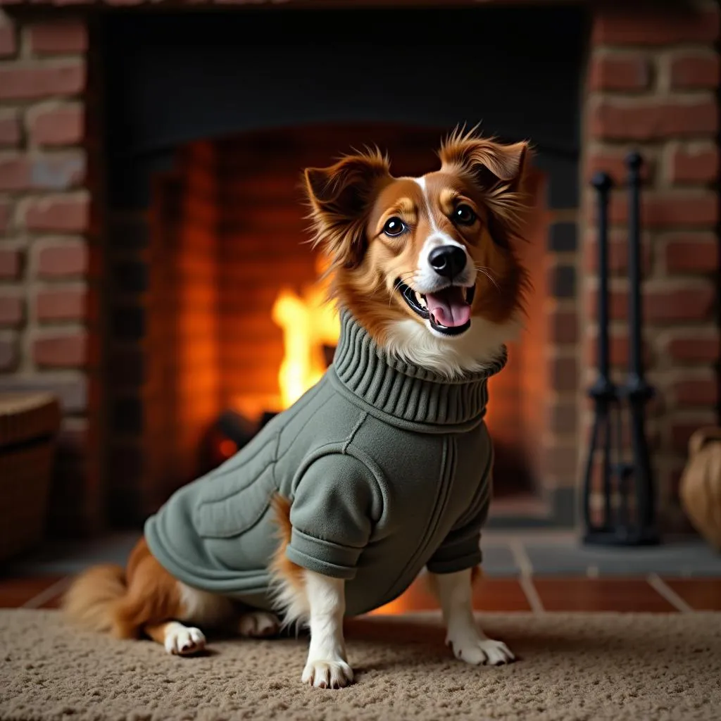 Dog wearing salty dog pullover by a cozy fireplace