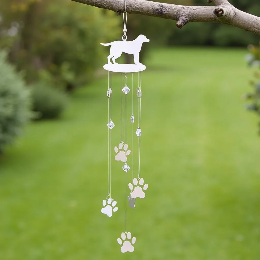 A beautiful dog wind chime memorial hanging in a garden, with lush greenery and sunlight streaming through the leaves.