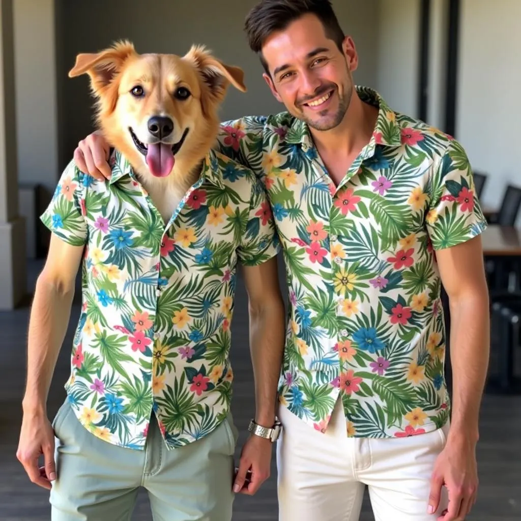 Dog and owner wearing matching Hawaiian shirts