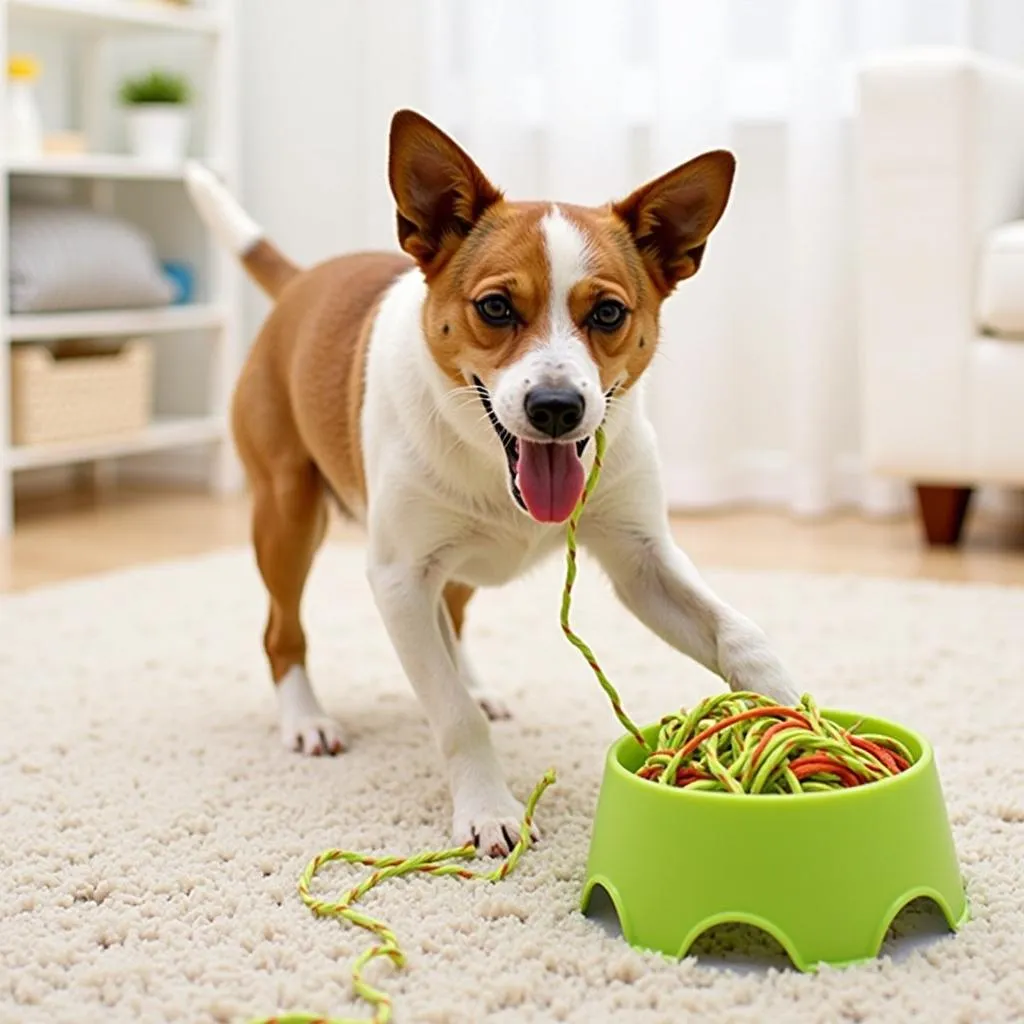 Dog playing with a yarn bowl