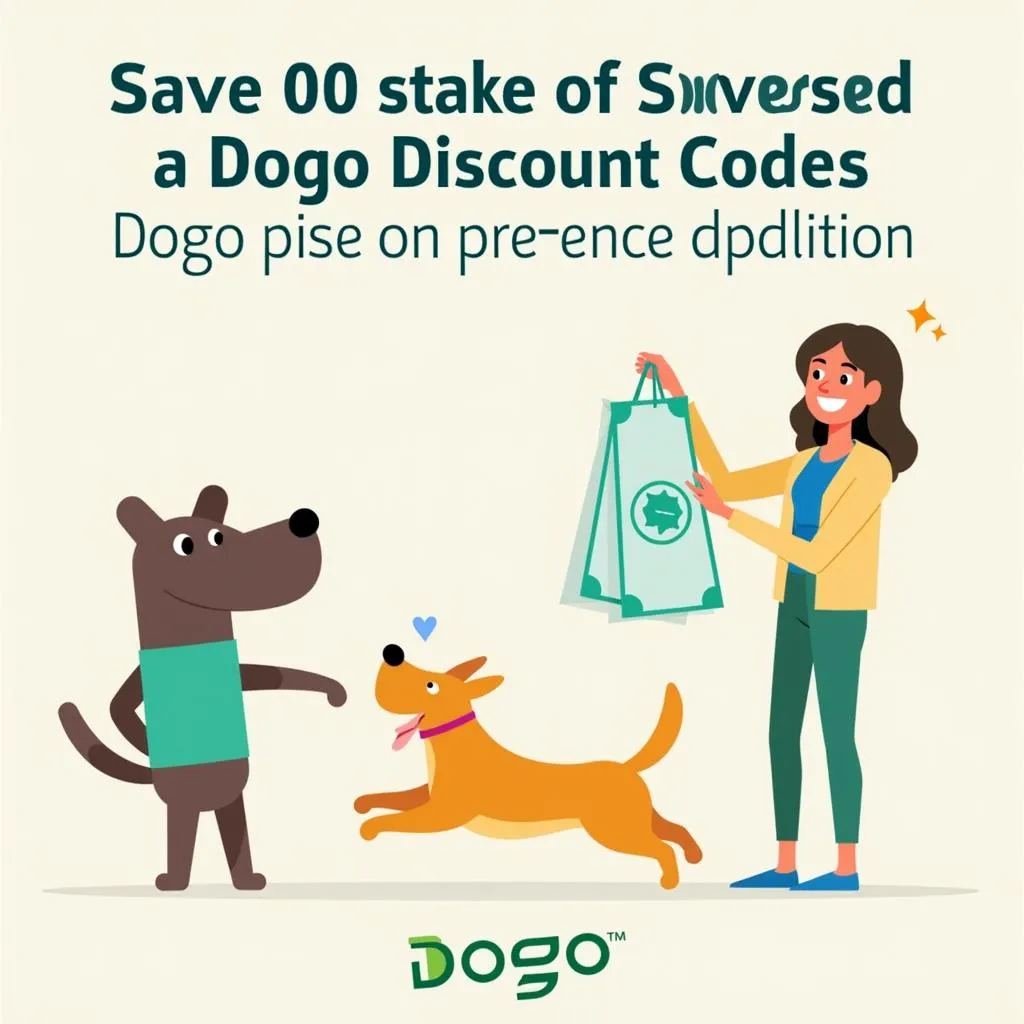 Dogo discount code savings on pet supplies, illustrated with a graphic of a happy dog owner holding a bag of pet food and a toy