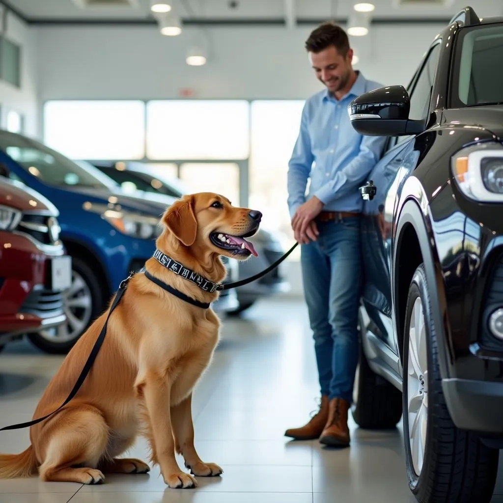 Dogs at a car dealership