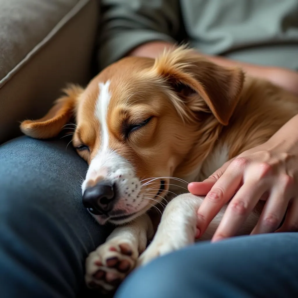 Dog sleeping on couch with owner