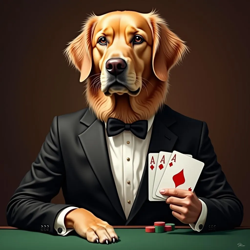 Custom dog portrait of a golden retriever playing poker