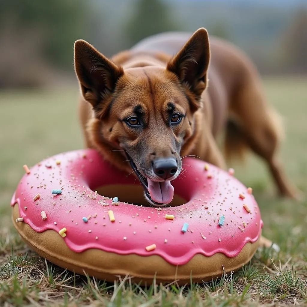 A large dog playing with a donut dog toy