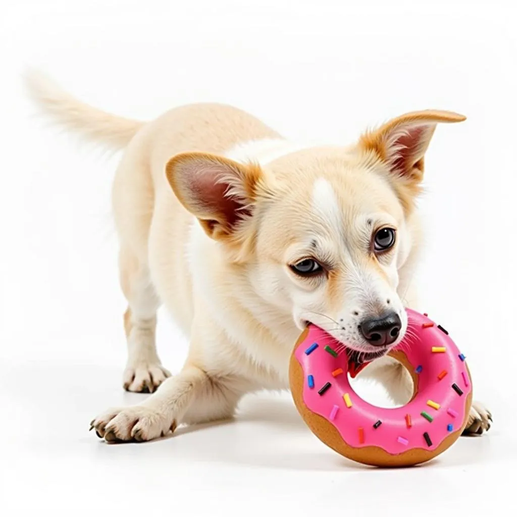 A small dog happily playing with a donut dog toy