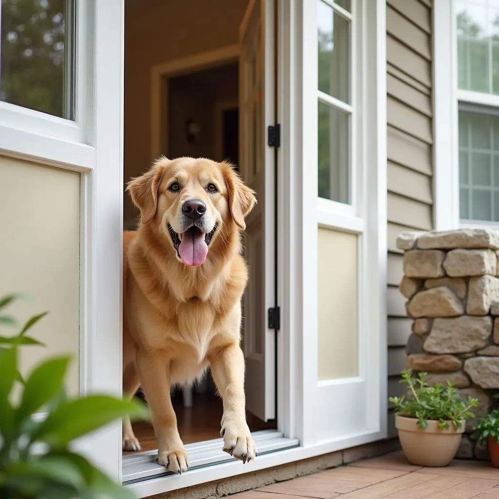 Large dog entering a house through a dog door