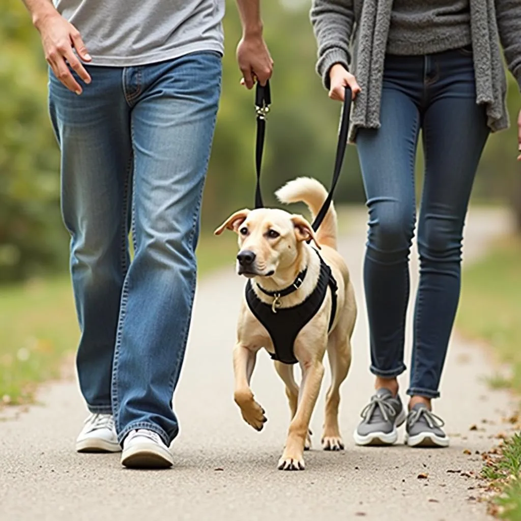 Dog owner using a double handle dog harness for a walk