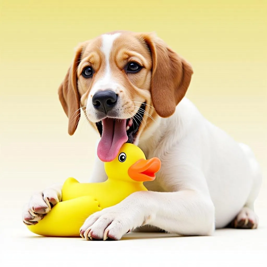 Dog chewing a duck toy with joy