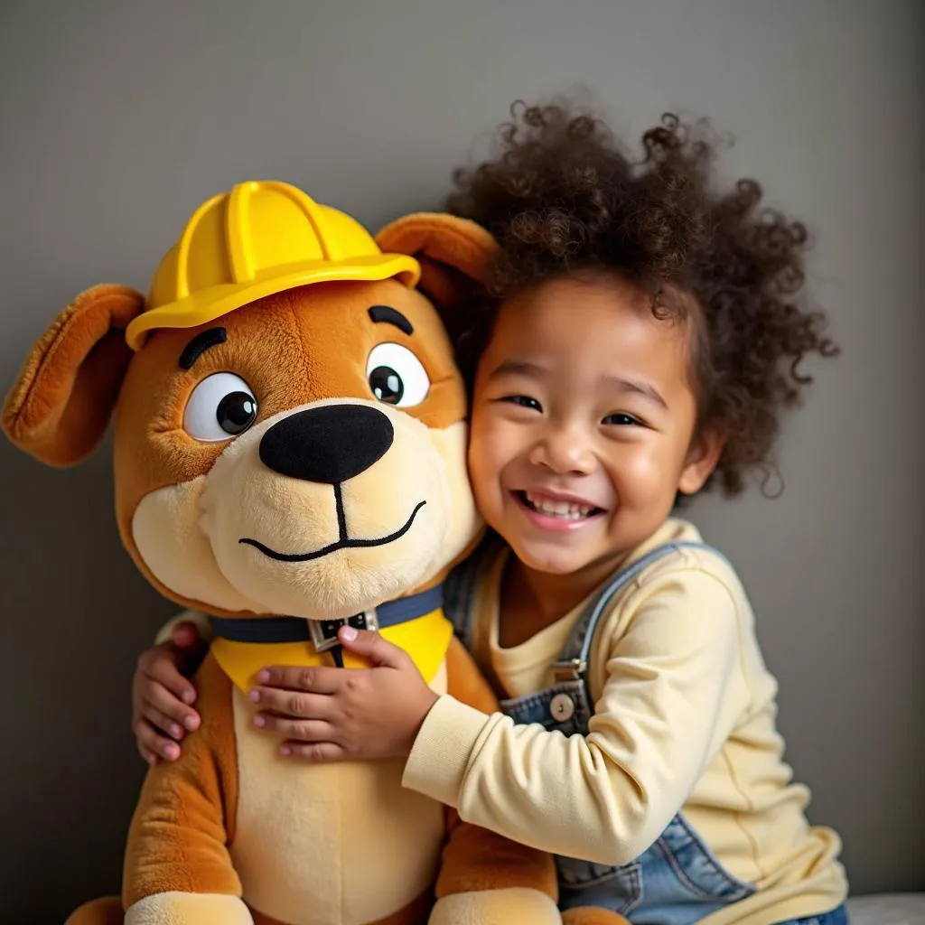 Dumpster the Dog Plush Hugging a Child