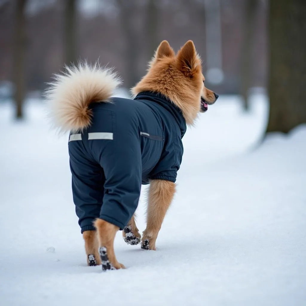 Dog wearing ebi dog pants on a winter walk