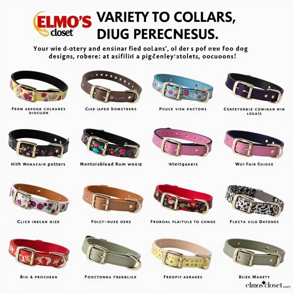 A selection of dog collars from Elmo's Closet, showcasing the diverse range of styles and colors available