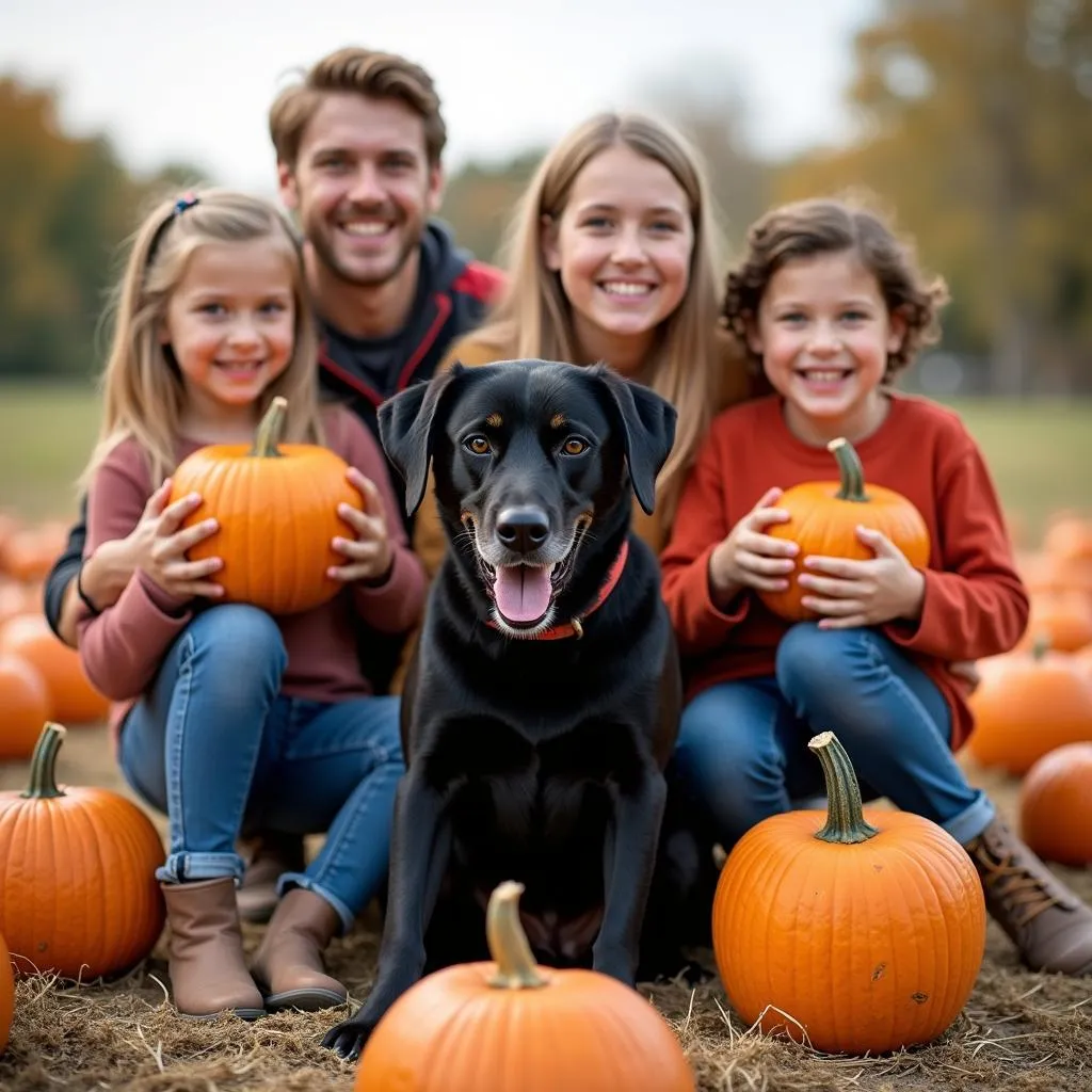 Family Fall Photo with Dogs in a Pumpkin Patch