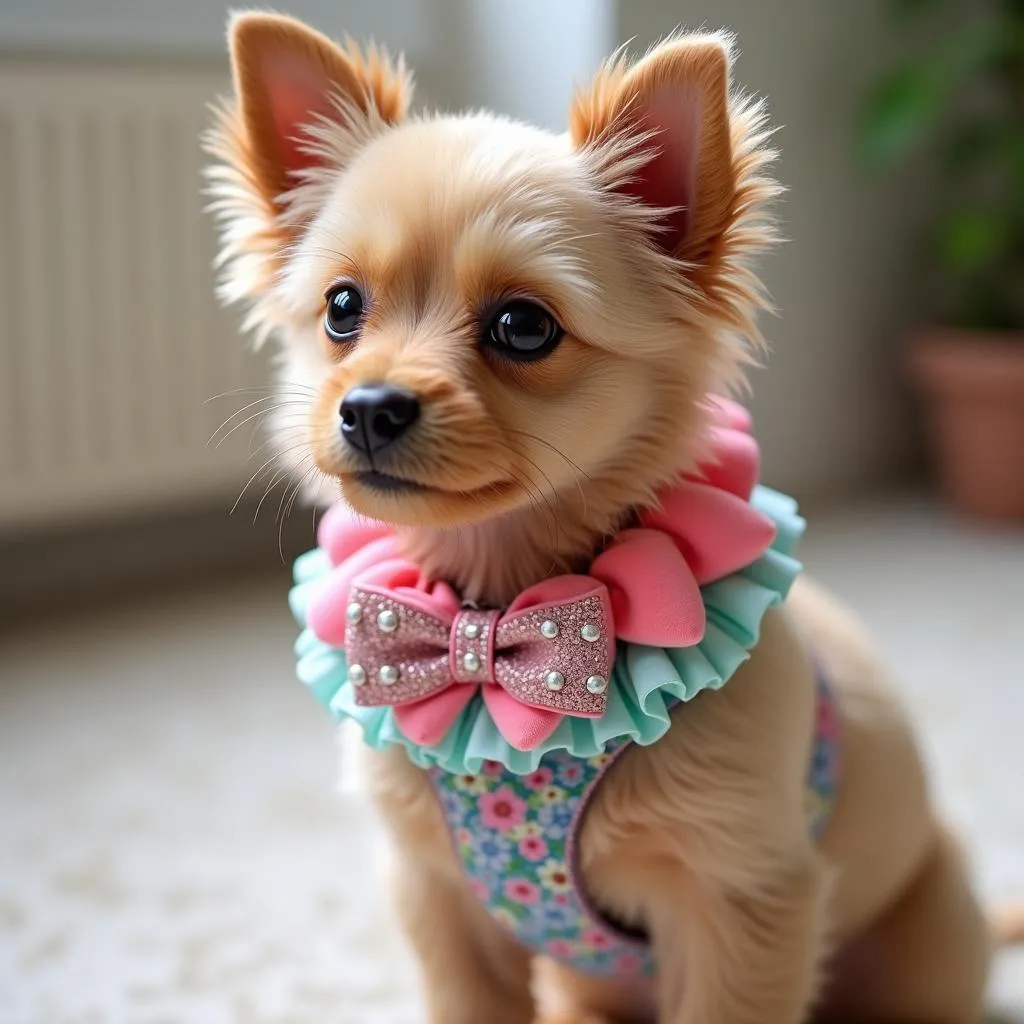 A small dog wearing a fancy collar with a bow