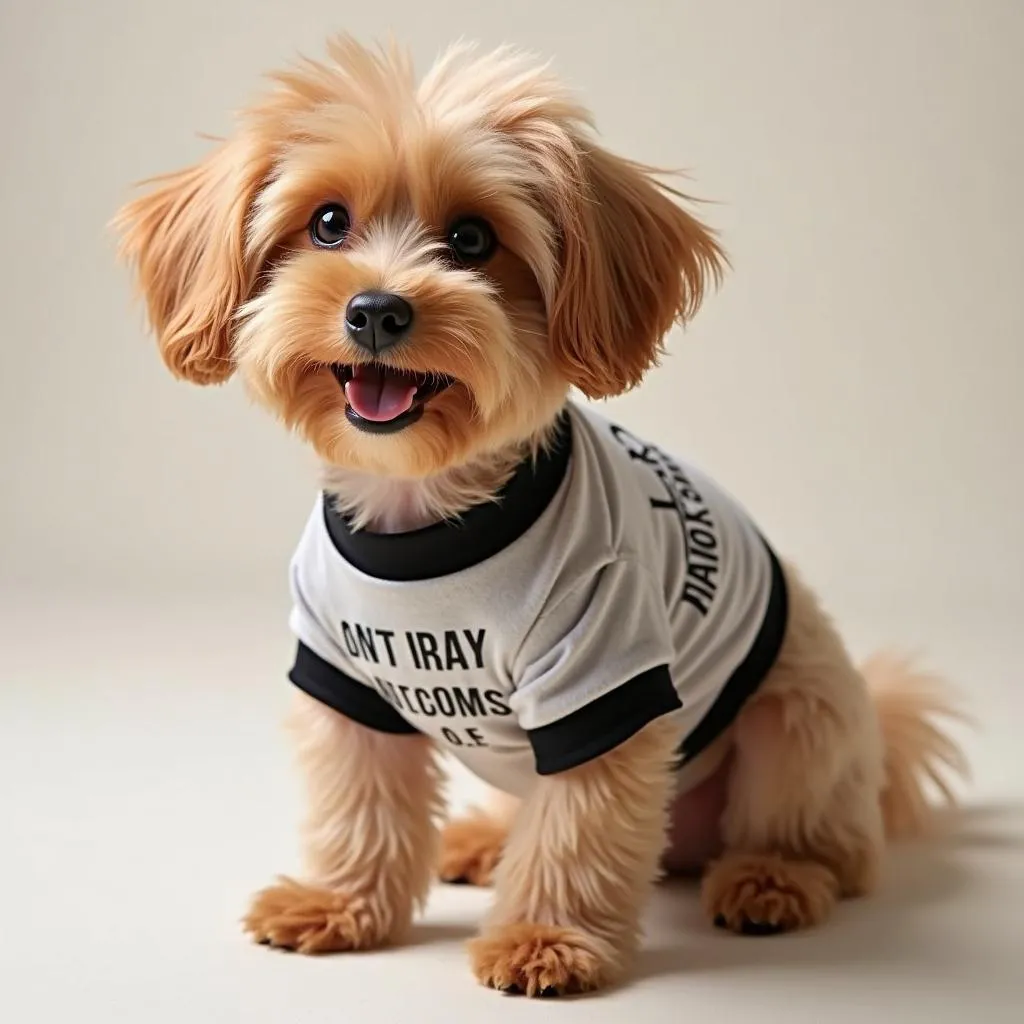 A playful dog wearing a feliz naughty dog shirt