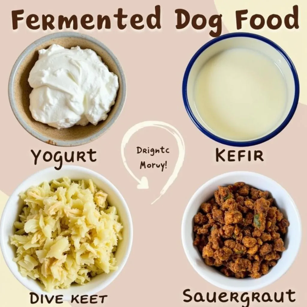 A bowl of healthy fermented dog food with ingredients like yogurt, sauerkraut, and kefir