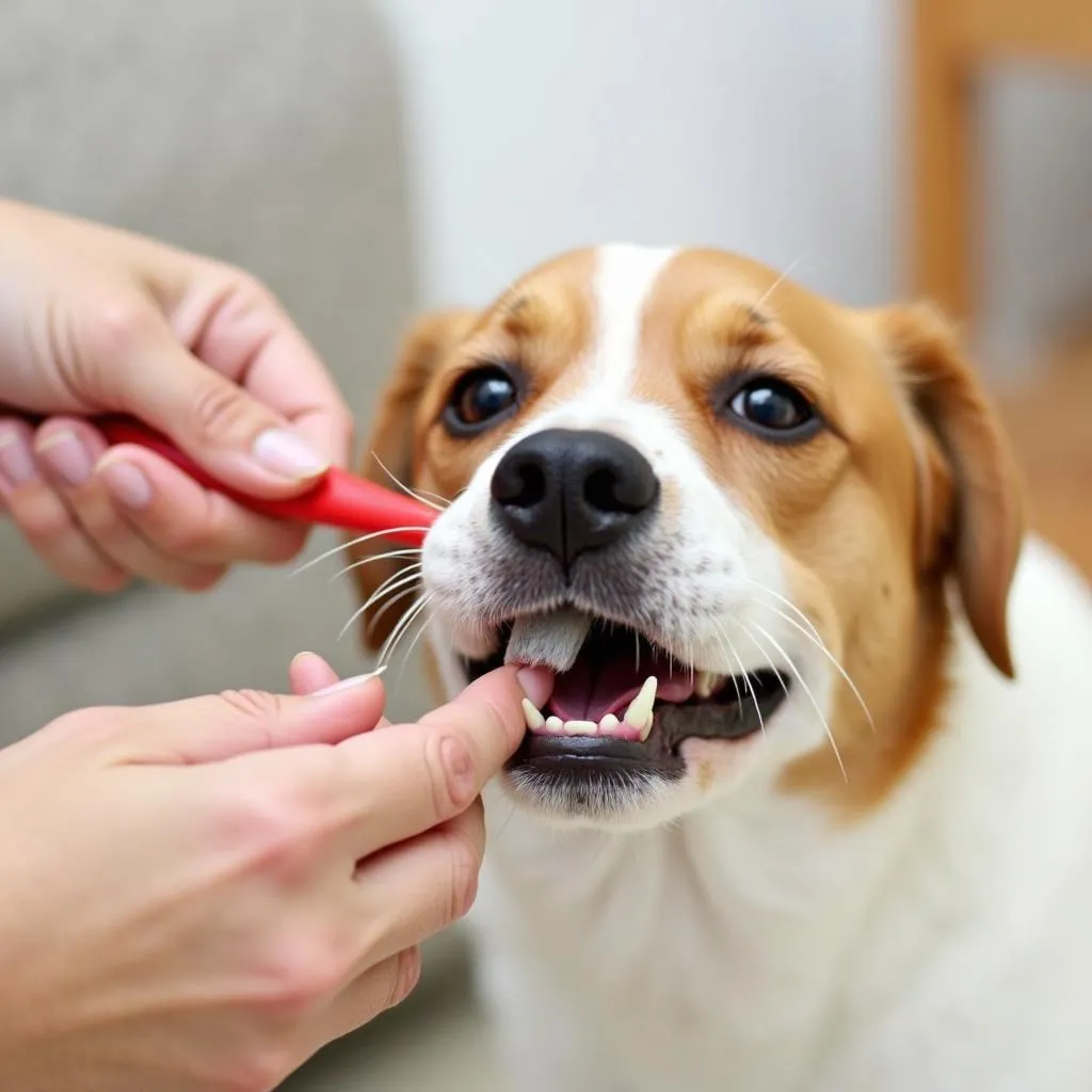 Dog owner using a finger brush on their dog