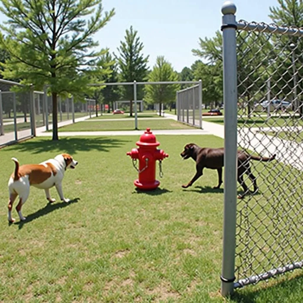 A group of dogs playing at a fire hydrant dog park