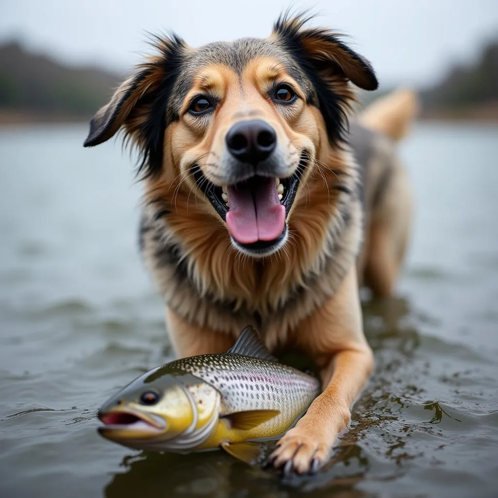 Dog retrieving a fish from the water