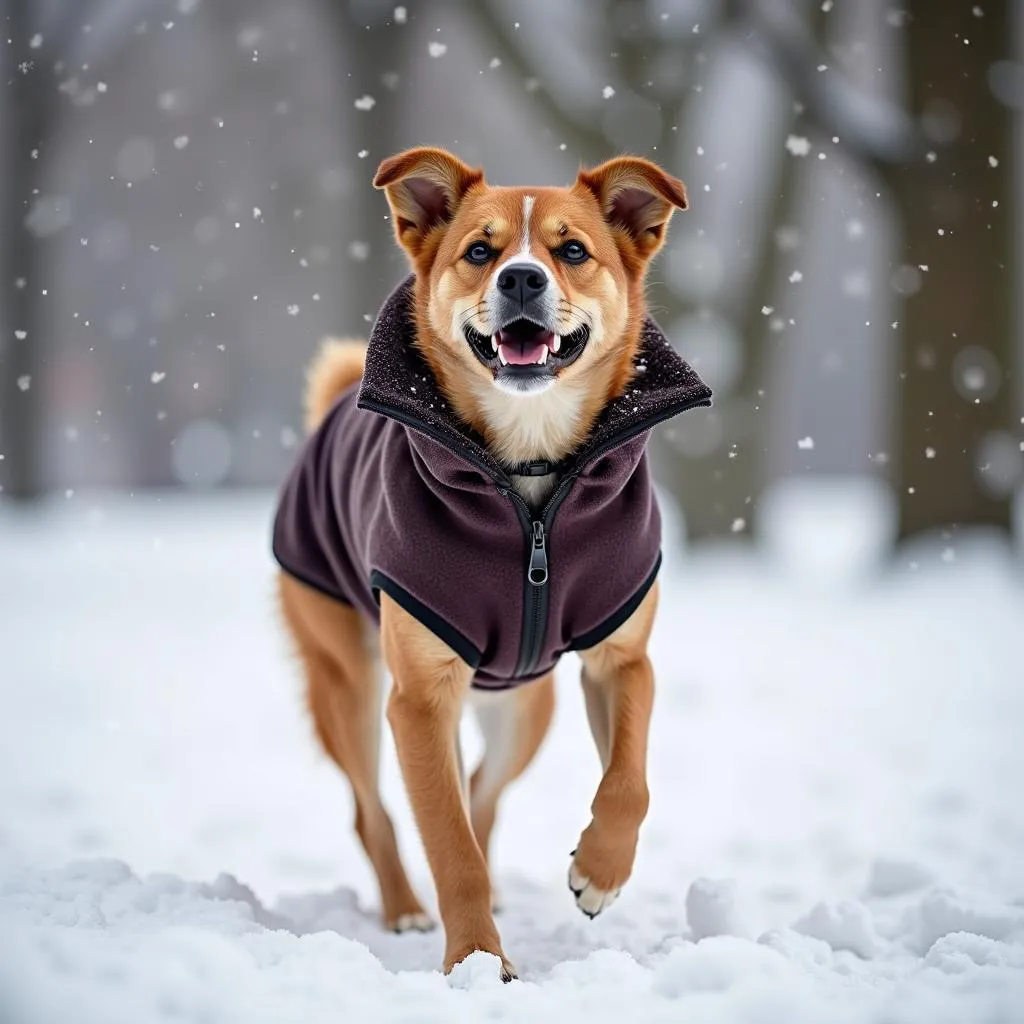 Fleece dog jacket providing warmth for a dog