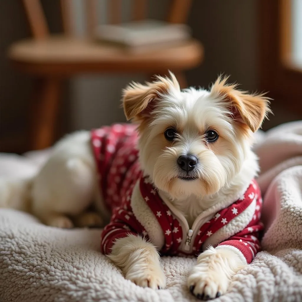 Dog wearing fleece pajamas in winter