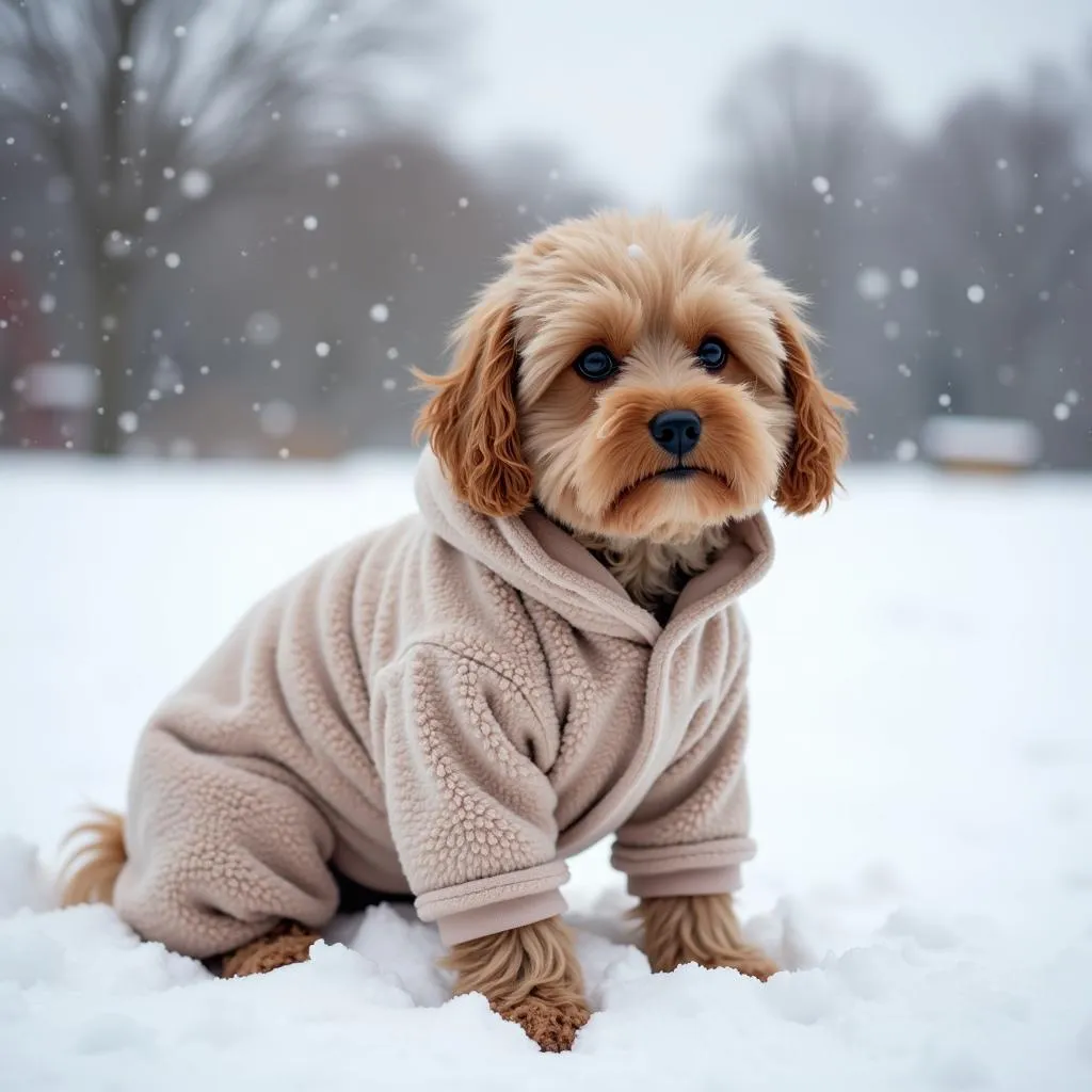 Dog wearing fleece pajamas in winter