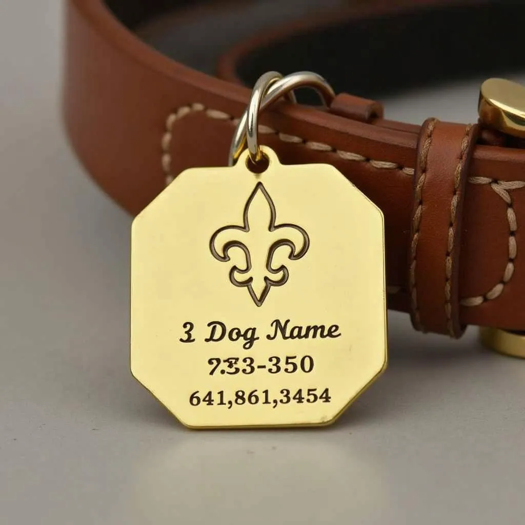 Fleur de lis dog tag engraved with a dog's name and contact information